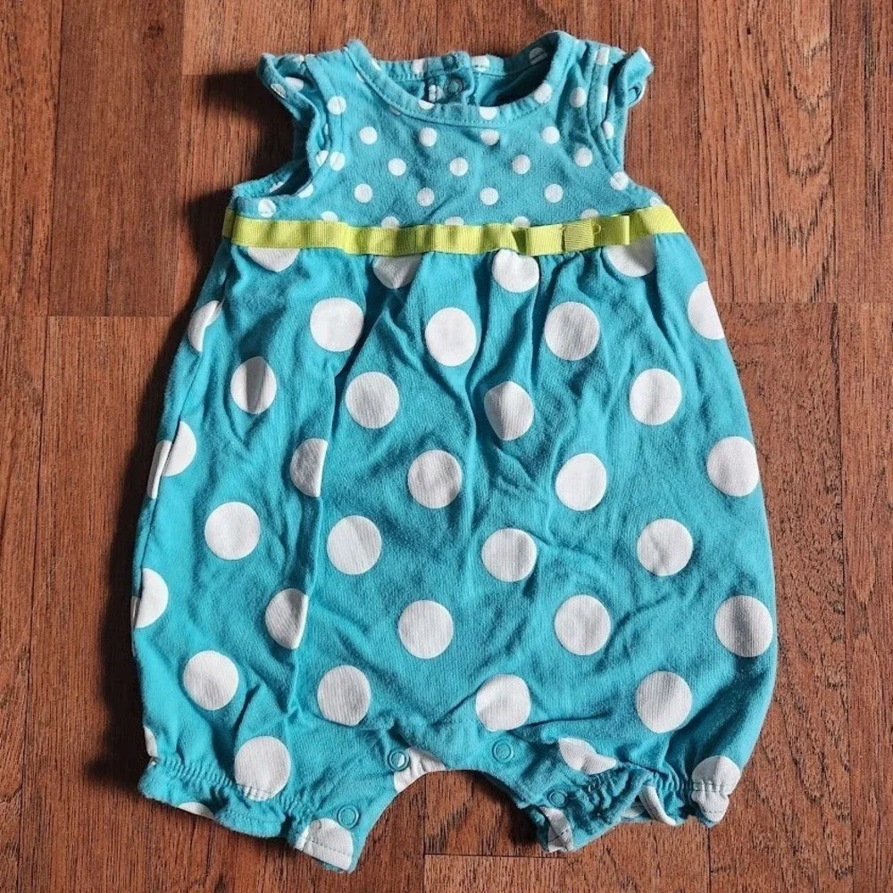 Carters Baby Girl Teal Blue White Polka Dot Romper Sunsuit 3 Months Snap 422